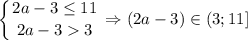 \displaystyle \left \{ {{2a -3 \leq 11} \atop {2a -3 3}} \right. \Rightarrow (2a -3) \in (3;11]