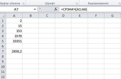 Даны числа: 2; 15; 353; 3570; 10351. Используя MS Excel, вычисли среднее арифметическое данных чисел