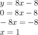 y=8x-8 \\ 0 = 8x - 8 \\ - 8x = - 8 \\ x = 1