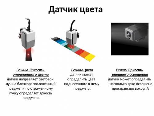 Вспомни режимы датчика цвета. Запиши их в тетрадь. Режимы датчика цветаРежим Яркость отраженногосвет