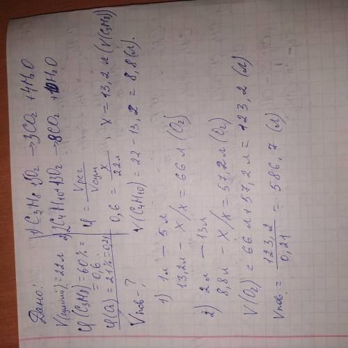 Суміш пропану та бутану об'ємом 22 л, що містить 60 % пропану cпалили Визначити об' єм повітря, що в