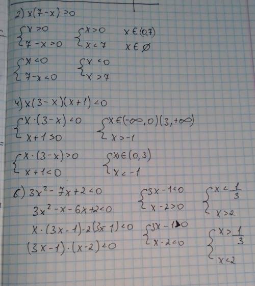 Решите неравенства.2) х(7 - x) > 0;4) х(3 – x)(х+1) < 0;6) 3х2 - 7х + 2 < 0.​