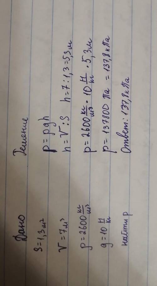 Гранитная статуя имеет площадь основания основания 1,3 м2. Определите давление на опору, создаваемое