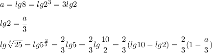 a=lg8=lg2^3=3lg2\\\\lg2=\dfrac{a}{3}\\\\ lg\sqrt[3]{25}=lg5^\frac{2}{3}=\dfrac{2}{3}lg5=\dfrac{2}{3}lg\dfrac{10}{2} =\dfrac{2}{3}(lg10-lg2)=\dfrac{2}{3}(1-\dfrac{a}{3} )\\