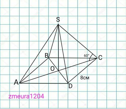 Знайдіть обєм правильної чотирикутної піраміди, бічне ребро якої утворює з площинию основи кут 60° а