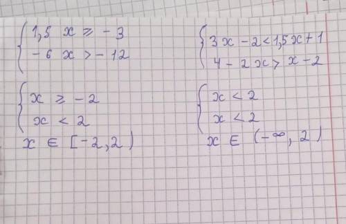 Решите системы неравенств: а){1,5х≥-3{-6х>-12b){3х-2<1,5х+1{4-2х>х-2{ - это одна большая ск