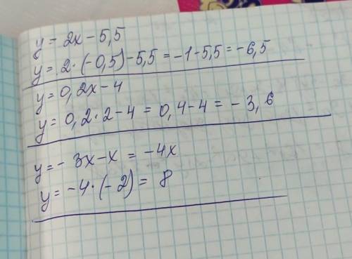 1) y=2x-5,5 при x=-0, 52) y=0,2x-4 при x=23) y=-3x-x при x =-2