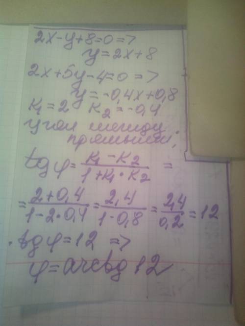 Найти угол между прямыми 2x-y+8=0 и 2x+5y-4=0