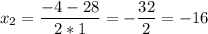 \displaystyle x_{2}=\frac{-4-28}{2*1}=-\frac{32}{2}=-16