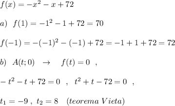 f(x)=-x^2-x+72\\\\a)\ \ f(1)=-1^2-1+72=70\\\\f(-1)=-(-1)^2-(-1)+72=-1+1+72=72\\\\b)\ \ A(t;0)\ \ \to \ \ \ f(t)=0\ \ ,\\\\-t^2-t+72=0\ \ ,\ \ t^2+t-72=0\ \ ,\\\\t_1=-9\ ,\ t_2=8\ \ \ (teorema\ Vieta)