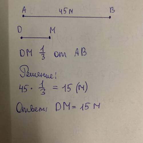 На черти два отрезка: длина первого 45 м, а длина второго состовляет одну третью част длины первого.