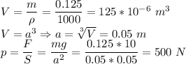 V = \dfrac m \rho = \dfrac{0.125}{1000} = 125*10^{-6}~m^3\\V = a^3 \Rightarrow a = \sqrt[3]V = 0.05~m\\p = \dfrac F S = \dfrac{mg}{a^2} = \dfrac{0.125*10}{0.05*0.05} = 500~N