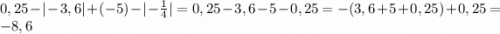 0,25-|-3,6|+ (-5) -|-\frac{1}{4}|=0,25-3,6-5-0,25=-(3,6+5+0,25)+0,25=-8,6