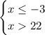 \begin{equation*}\begin{cases}x \leq -3\\x 22\end{cases}\end{equation*}