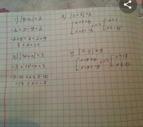 17. Решите неравенства: 1) |9 – x) < 2; 3) 10+ x) < 3;2) |x + 7| > 8; 4) (x – 8) > 9;5)