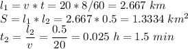 l_1 = v * t = 20*8/60 = 2.667~km\\S = l_1 * l_2 = 2.667*0.5 = 1.3334~km^2\\t_2 = \dfrac{l_2}{v} = \dfrac{0.5}{20} = 0.025~h = 1.5~min