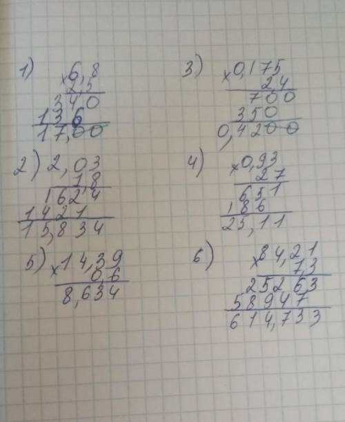 Як записати в стовпчик 1)6,8×2,5 2)2,03×7,83)0,175×2,44)0,93×275)0,6×14,396)84,21×7,3​