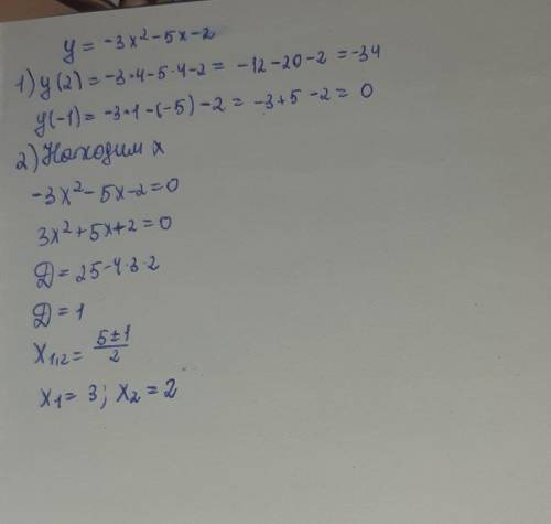 очень надо. Дана функция f(x)=-3x2-5x-2 a)Найдите значения функции f(2),f(-1) b)Известно,что график