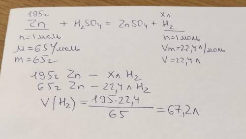 Какой объём водорода выделится при взаимодействии 195г. цинка с серной кислотой?