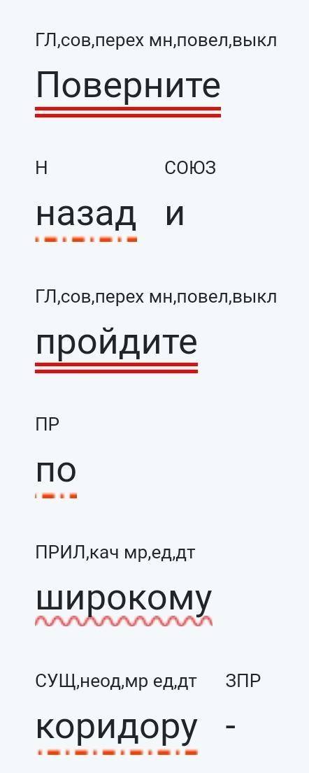 Сделайте синтаксический разбор предложения -поверните назад и пройдите по широкому коридору