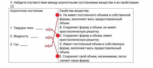 Найдите соответствие между агрегатными состояниями вещества и их свойствами: [3] Агрегатное состояни