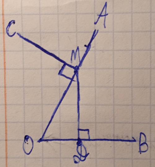 Начертите произвольный угол АОВ и отметьте точку М на стороне ОА. Постройте угол СМD с вершиной в то