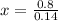 x = \frac{0.8}{0.14}