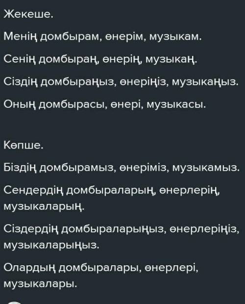 Мына төмендегі сөздерді жекеше,көпше түрде тәуелдеу Домбыра, өнер, музыка ед.число мн.число Наприме