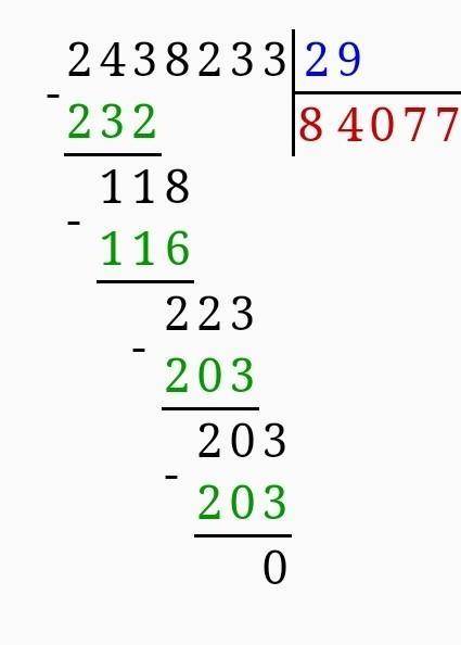 Разделите в столбик чтоб было понятно и сделайте проверку 84077*29