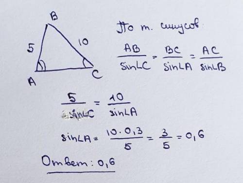 В треугольнике АВС стороны АВ и ВС соответственно равны 5 см и 10 см, sinС=0,3. Найдите sinА.
