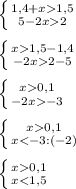 \left \{ {{1,4+x1,5} \atop {5-2x2}} \right. \\\\\left \{ {{x1,5-1,4} \atop {-2x2-5}} \right. \\\\\left \{ {{x0,1} \atop {-2x-3}} \right. \\\\\left \{ {{x0,1} \atop {x0,1} \atop {x