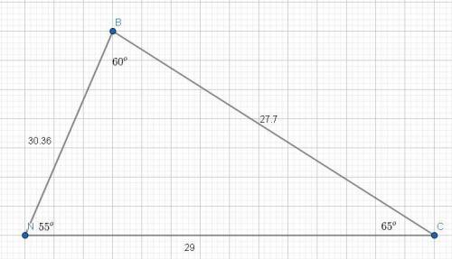 Определи площадь треугольника NBC, если NC = 29 см, ∡N=55°, ∡B=60°. SNBC= см2(все приблизительные ч