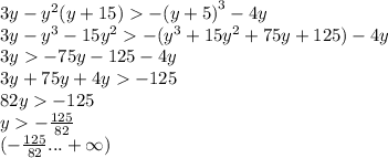 3y - {y}^{2} (y + 15) - {(y + 5)}^{3} - 4y \\ 3y - {y}^{3} - 15 {y}^{2} - ( {y}^{3} + 15 {y}^{2} + 75y + 125) - 4y \\ 3y - 75y - 125 - 4y \\ 3y + 75y + 4y - 125 \\ 82y - 125 \\ y - \frac{125}{82} \\ ( - \frac{125}{82} ... + \infty )