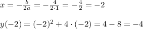 x=-\frac{b}{2a}=-\frac{4}{2\cdot 1}=-\frac{4}{2}=-2 \\ \\ y(-2)=(-2)^2+4\cdot(-2)=4-8=-4