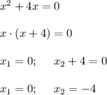 x^2+4x=0 \\ \\ x\cdot (x+4)=0 \\ \\ x_1 = 0; \ \ \ \ x_2+4=0 \\\\ x_1=0; \ \ \ \ x_2=-4