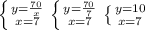 \left \{ {{y=\frac{70}{x}} \atop {x=7}} \right. \left \{ {{y=\frac{70}{7}} \atop {x=7}} \right. \left \{ {{y=10} \atop {x=7}} \right.