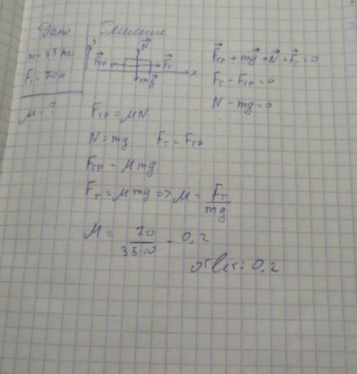 мне Определите коэффициент трения тела массой 35 кг, которое равномерно тянут с силой 70H.​