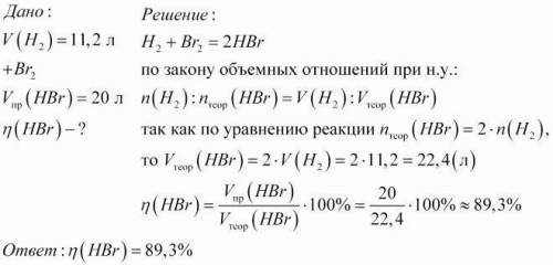 при взаимодействии 11,2л водорода с бромом получили 20л бромоводорода, определите выход продукта реа