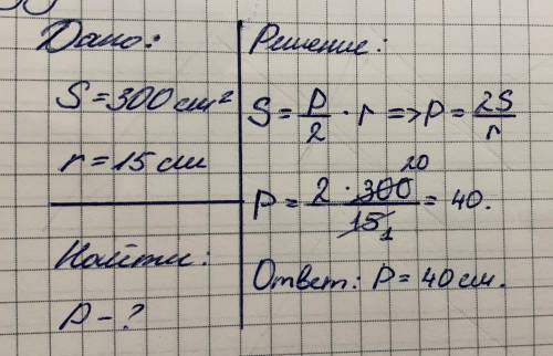 площадь треугольника равна 300 см в квадрате а радиус окружности вписанной 15см найдите периметр тре