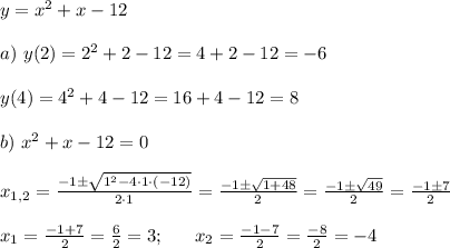 y=x^2+x-12 \\ \\ a) \ y(2)=2^2+2-12 = 4+2-12=-6 \\ \\ y(4) = 4^2+4-12=16+4-12=8 \\ \\ b) \ x^2+x-12=0 \\ \\ x_{1,2}=\frac{-1\pm\sqrt{1^2-4\cdot 1 \cdot (-12)}}{2\cdot 1}=\frac{-1\pm\sqrt{1+48}}{2}=\frac{-1\pm\sqrt{49}}{2}=\frac{-1\pm7}{2} \\ \\ x_1=\frac{-1+7}{2}=\frac{6}{2}=3; \ \ \ \ \ x_2 =\frac{-1-7}{2}=\frac{-8}{2}=-4