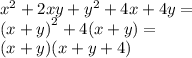 {x}^{2} + 2xy + {y}^{2} + 4x + 4y = \\ {(x + y)}^{2} + 4(x + y) = \\ (x + y)(x + y + 4)