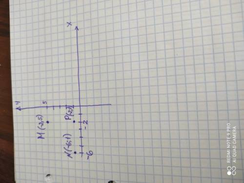 Отметьте точки M (-2,5), N (-6,1) и P (-2,1) на координатной плоскости.