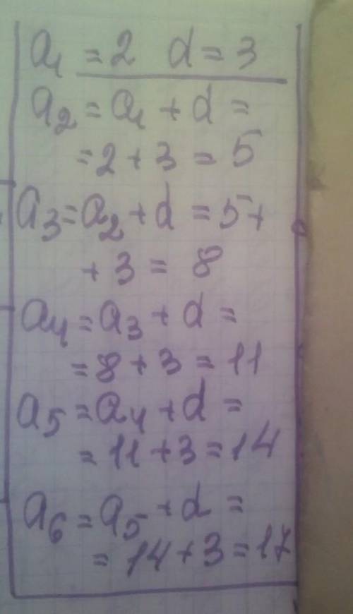 Написать первые пять членов АП, зная первый член a₁=2, d=3 an=a₁+d