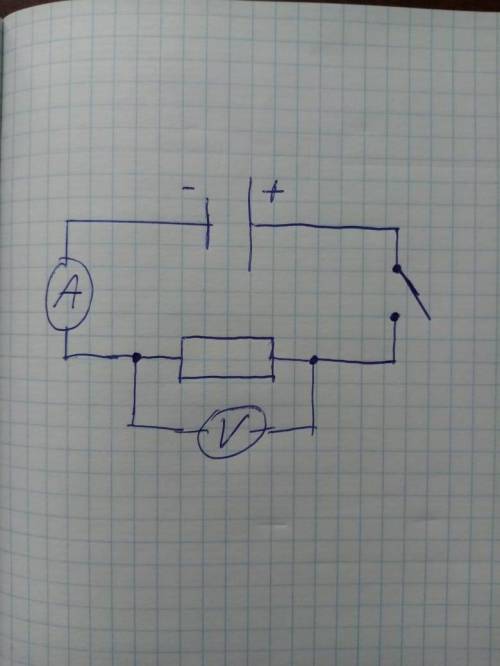 Нарисуйте схему электрической цепи, состоящей из: источника тока,ключа, резистора, амперметра, вольт