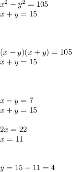 {x}^{2} - {y}^{2} = 105 \\ x + y = 15 \\ \\ \\ \\ (x - y)(x + y) = 105 \\ x + y = 15 \\ \\ \\ \\ x - y = 7 \\ x + y = 15 \\ \\ 2x = 22 \\ x = 11 \\ \\ \\ y = 15 - 11 = 4