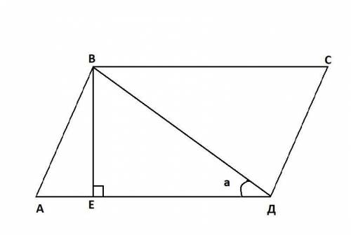 В параллелограмме ABCD на стороне AD отмечена точка Е, так что угол BED прямой, угол EBD = 45° , AE