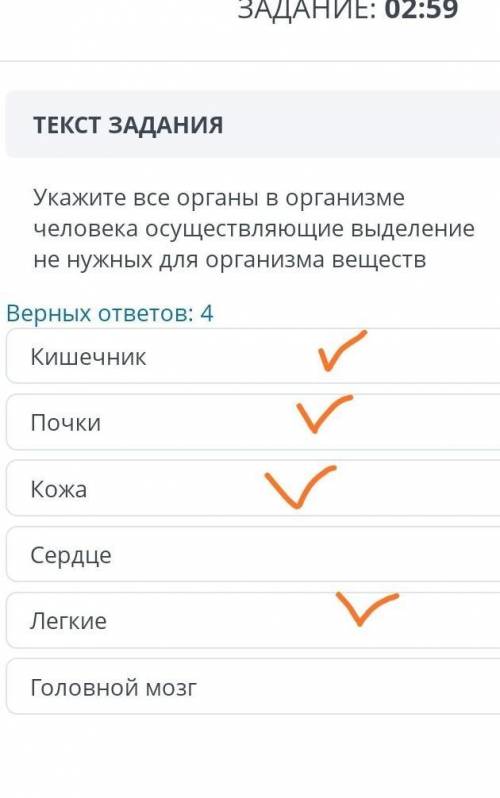 Укажите все органы в организме человека осуществляющие выделение не нужных для организ веществВерных