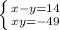 \left \{ {{x-y=14} \atop {xy=-49}} \right.