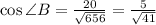 \cos\angle B=\frac{20}{\sqrt{656}}=\frac{5}{\sqrt{41}}