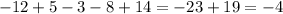 - 12 + 5 - 3 - 8 + 14 = - 23 + 19 = - 4